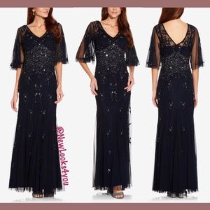 NWT‎ Adrianna Papell Floral Beaded Flutter Gown 0